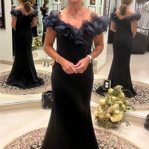 Montage by Mon Cheri Navy Gown with Ruffled Neckline. Ideal  bride/groom mother!